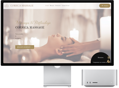 Mockup de la page d'accueil du site Corsica Massage créé par JVFlex créateurs de site web- Une interface web élégante mettant en avant les services de l'institut de beauté en Corse. Le design évoque la sérénité méditerranéenne avec des images de plages, de massages relaxants, et de villas de luxe. Des boutons de navigation clairs invitent à explorer les services et à réserver une expérience de bien-être exceptionnelle.