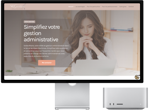Mockup de la page d'accueil du site web de SoSecrétaire, créé par JVFlex à Bacarrat, mettant en valeur ses services de gestion administrative, commerciale et des ressources humaines. Le mockup illustre la polyvalence et l'efficacité de Sosecrétaire dans la gestion de tâches administratives pour les professionnels et les particuliers.