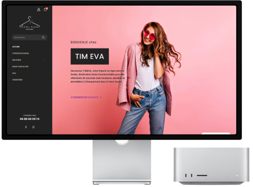 Mockup de la page d'accueil du site web Tim Eva, créé par JVFlex : concepteurs de site internet, une boutique de seconde main éco-responsable. Le mockup met en avant une sélection élégante de vêtements de marque pour femmes, hommes et enfants, ainsi que des accessoires tendance. Il reflète l'engagement de Tim Eva envers la mode durable et éthique.