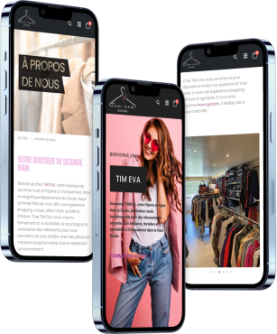 Mockup de la page d'accueil du site web Tim Eva, créé par JVFlex : concepteurs de site internet, une boutique de seconde main éco-responsable. Le mockup met en avant une sélection élégante de vêtements de marque pour femmes, hommes et enfants, ainsi que des accessoires tendance. Il reflète l'engagement de Tim Eva envers la mode durable et éthique.